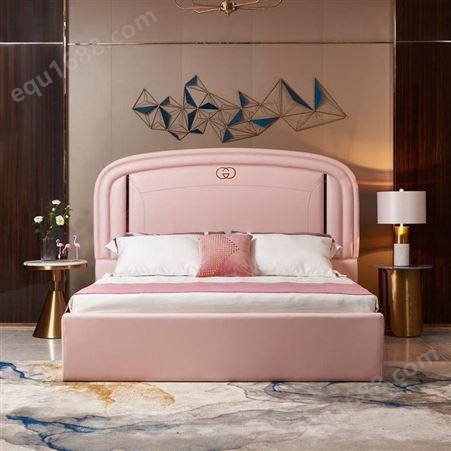 天一美家样板房家具意式时尚皮艺床双人软床粉色轻奢舒适卧室大床